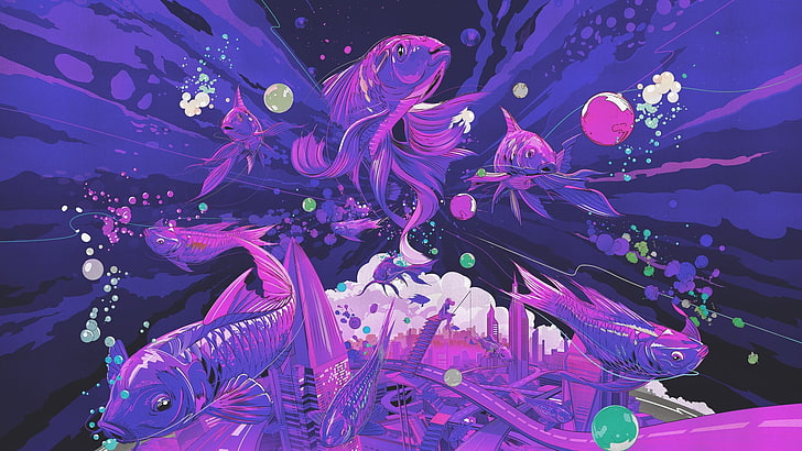 purple and pink pink digital artwork, fish, underwater, purple, HD wallpaper