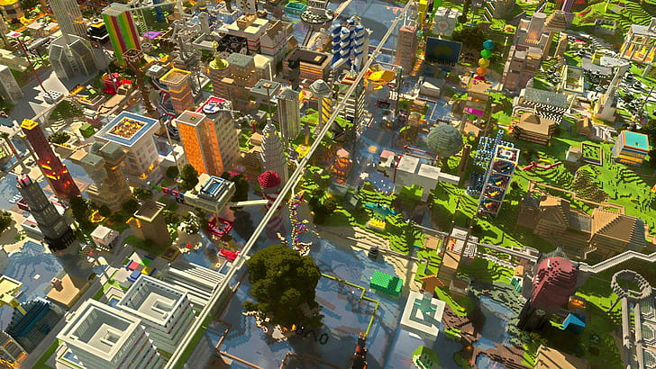 Minecraft city, city game application, games, 1920x1080, minecraft, HD wallpaper