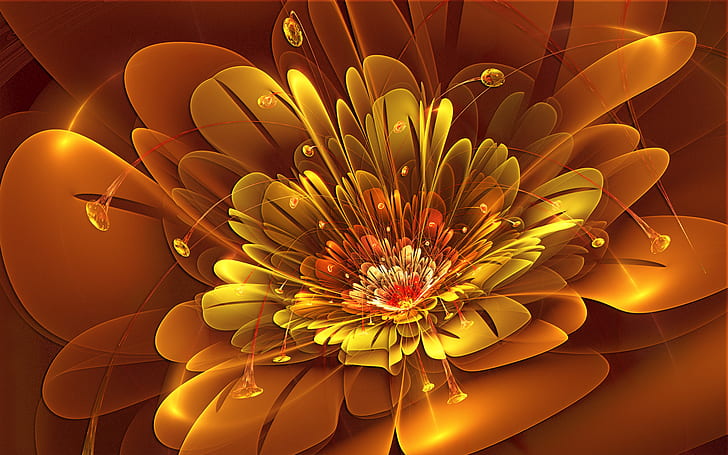 Fraktal HD, ilustracja kwiat pomarańczowy i żółty, streszczenie, fraktal, Tapety HD