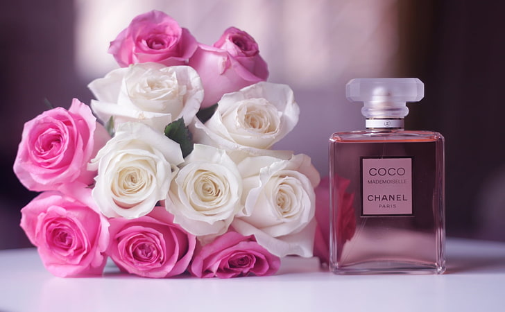Coco Chanel Paris bottled fragrance, flowers, roses, bouquet, pink, white, perfume, Chanel Coco Mademoiselle, HD wallpaper