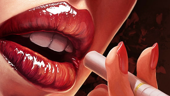 нарисованные ногти, рот, цифровое искусство, произведение искусства, женщины, красный, сигареты, курение, живопись, красная помада, губы, HD обои HD wallpaper