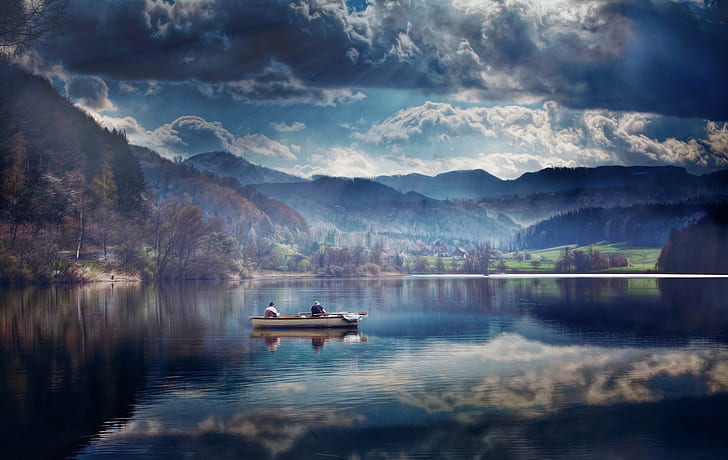 пейзаж, природа, езеро, лодка, HD тапет