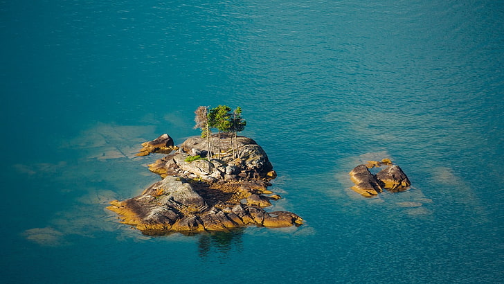 brown island, nature, landscape, rock, water, trees, island, sea, aerial view, bird's eye view, reflection, blue, HD wallpaper