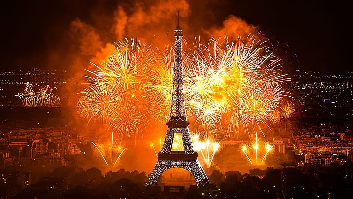 หอไอเฟล, ปารีส, ฝรั่งเศส, ยุโรป, ดอกไม้ไฟ, วัตถุระเบิด, เหตุการณ์, ความบันเทิง, งานเทศกาล, สว่างไสว, กลางคืน, แสงสว่าง, การระเบิด, งานสาธารณะ, วอลล์เปเปอร์ HD