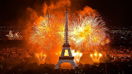 Eiffeltornet, paris, frankrike, europa, fyrverkerier, explosivt material, händelse, underhållning, festival, illminerad, natt, illmination, explosion, offentligt evenemang, HD tapet HD wallpaper