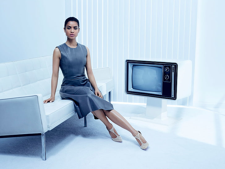 model, interior, makeup, dress, actress, TV, brunette, hairstyle, photographer, shoes, journal, sitting, on the couch, photoshoot, A Word Of Embata-Ro, Gugu Mbatha-Raw, Paul Jung, More, HD wallpaper