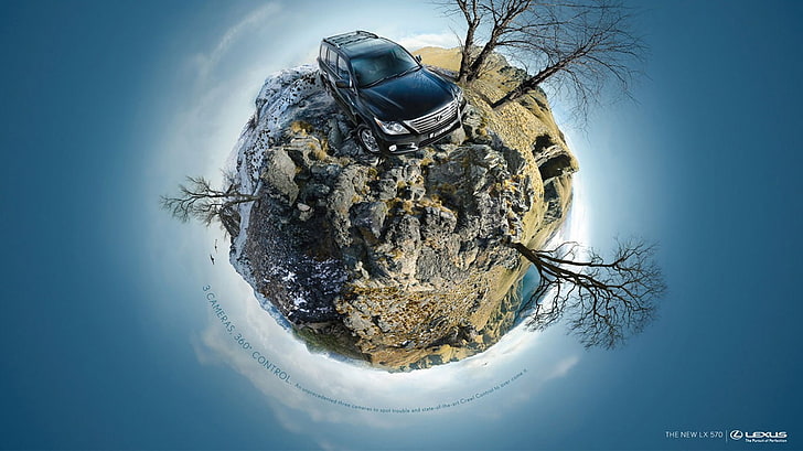 artwork, panoramic sphere, car, trees, HD wallpaper