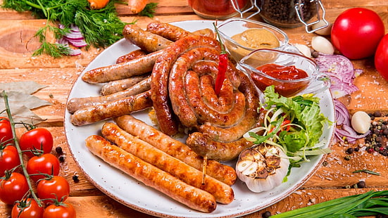 food, grilled, dish, sausage, grill, cuisine, meat, bratwurst, animal source foods, german food, fried food, german cuisine, HD wallpaper HD wallpaper
