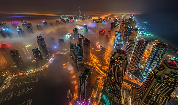 Дубай Туман, Дубай, пристань, туман, город, архитектура, HD обои