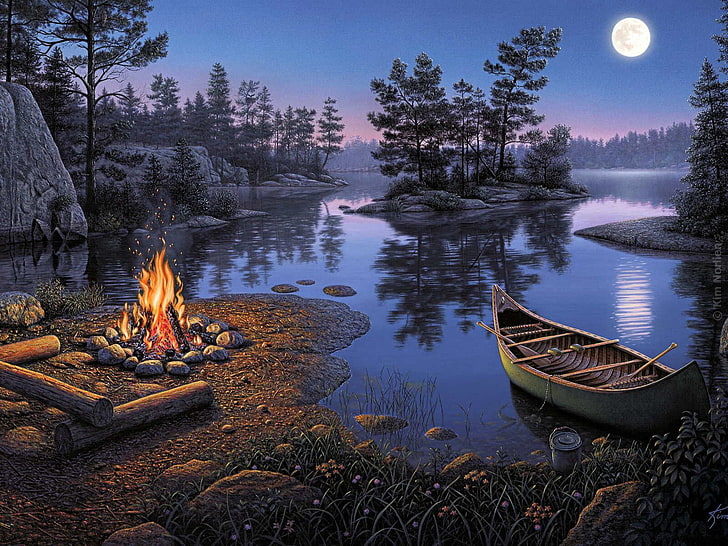кафяво кану близо до камина през нощта тапет, нощ, размисъл, река, престой, луната, романтика, лодка, картина, Ким Норлиен, туризъм, остров, огънят, HD тапет