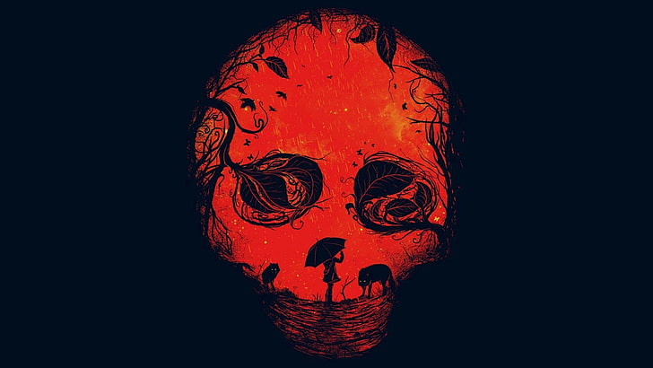 ilustración del cráneo rojo, ilustraciones digitales del cráneo rojo y negro, arte digital, minimalismo, cráneo, dibujo, ilusión óptica, árboles, hojas, animales, mujeres, paraguas, lobo, imaginación, fondo azul, lluvia, rojo, Fondo de pantalla HD
