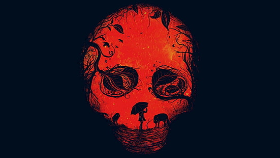 ilustración del cráneo rojo, ilustraciones digitales del cráneo rojo y negro, arte digital, minimalismo, cráneo, dibujo, ilusión óptica, árboles, hojas, animales, mujeres, paraguas, lobo, imaginación, fondo azul, lluvia, rojo, Fondo de pantalla HD HD wallpaper