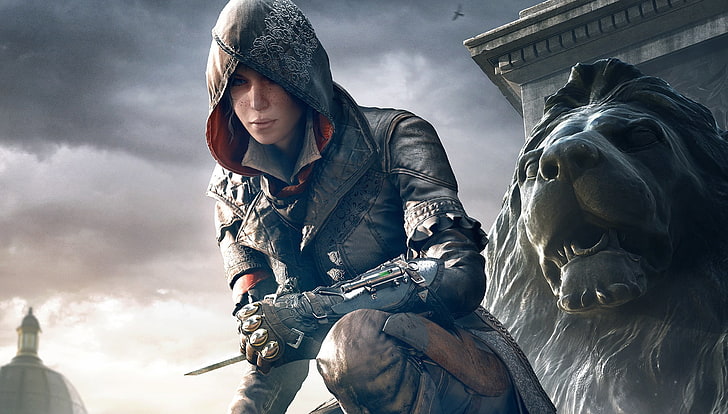 digital art, women, video games, freckles, Evie Frye, Assassin's Creed, Assassin's Creed Syndicate, statue, hoods, looking at viewer, HD wallpaper