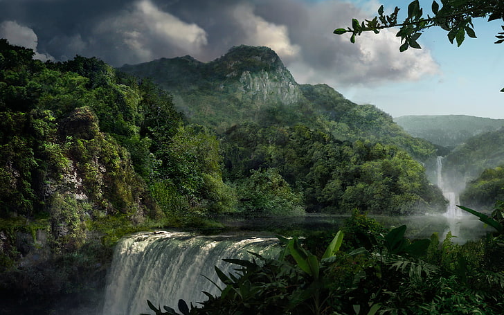 grüne Laubbäume, Fluss, Dschungel, Natur, Landschaft, Wasserfall, HD-Hintergrundbild