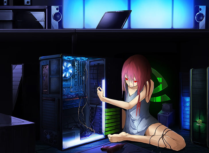 mulher reparando papel de parede da torre do computador, Nvidia, computador, personagens originais, HD papel de parede