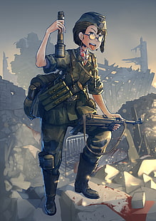 soldado com papel de parede digital granada, anime, meninas anime, waffen ss, nazista, exército alemão, cabelo curto, óculos, segunda guerra mundial, sangue, uniforme, soldado, arma, arma, MP 40, HD papel de parede HD wallpaper