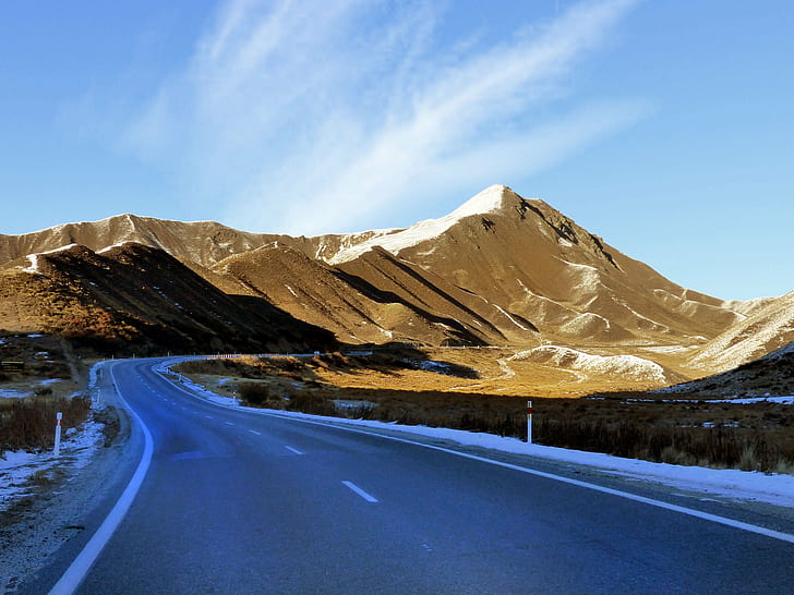 photo of road and mountains during day time, Road, Lindis Pass, photo, mountains, day, time, Highway, Otago, landscape, Tussock, Lumix FZ200, Bridge camera, Public Domain, Dedication, CC0, geo tagged, photos, mountain, nature, scenics, travel, asphalt, outdoors, snow, mountain Range, HD wallpaper