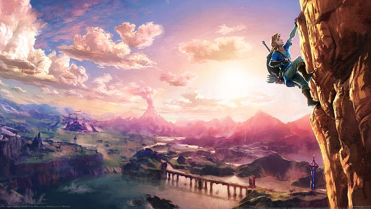 brown rock illustration, The Legend of Zelda, Link, Wii U, Nintendo, rock climbing, heights, The Legend of Zelda: Breath of the Wild, watermarked, botw, HD wallpaper