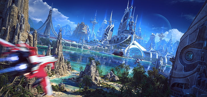 خلفية مدينة مستقبلية ، مستقبلية ، خيال علمي ، طائرة ، جسر ، مدينة ، ماء ، مبنى، خلفية HD