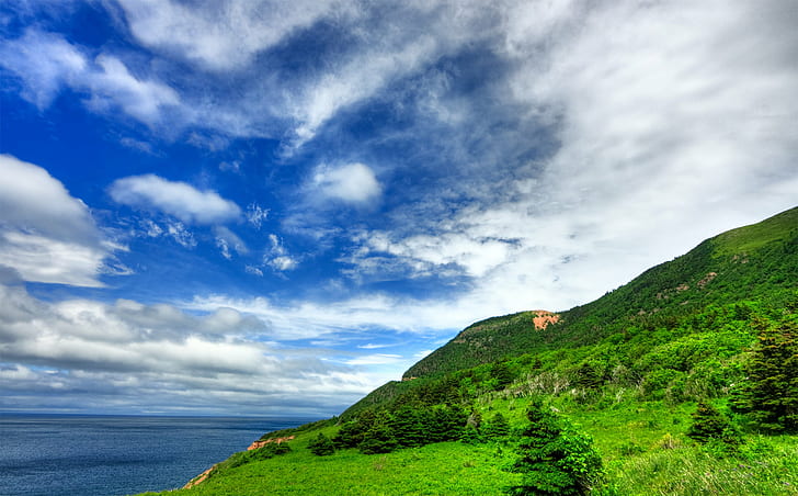 mountains covered with grass and ocean under blue cloudy sky during daytime, Cabot Trail, HDR, mountains, grass, ocean, blue, cloudy, sky, daytime, cabot  trail, cape  breton  nova  scotia, canada, canadian, landscape, nature, scene, scenic, scenery, cloud, clouds, overcast, sea  water, coastal, coast, high  dynamic  range, white, black  blue, cyan, wide  angle, tranquil, calm, tree, stock  photo, photograph, picture, image, resource, composite, color, colors, colour, colorful, vivid, day, sea, scenics, outdoors, cloud - Sky, summer, mountain, cliff, green Color, HD wallpaper