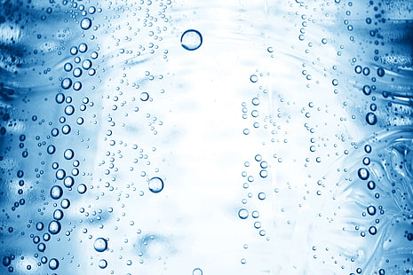 капли воды, вода, пузырьки, синий, HD обои HD wallpaper