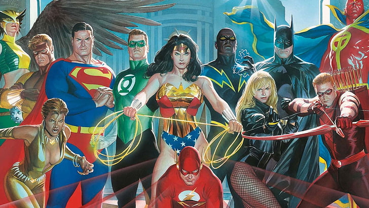 Обои DC Comics, Лига Справедливости, DC Comics, Алекс Росс, Супермен, Чудо-Женщина, Флэш, Бэтмен, Зеленый Фонарь, Красный Торнадо, Ястреб-Охота, Черная Канарейка, Лига Справедливости, HD обои