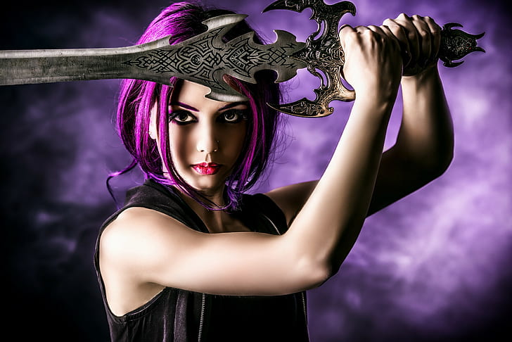 Fantasy, Girl, Sword, Purple Hair, fantasy, girl, sword, purple hair, HD wallpaper
