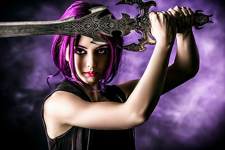 Fantasi, Gadis, Pedang, Rambut Ungu, fantasi, gadis, pedang, rambut ungu, Wallpaper HD HD wallpaper