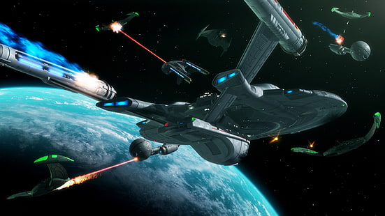сив космически кораб, Star Trek, USS Enterprise (космически кораб), космос, битка, HD тапет HD wallpaper