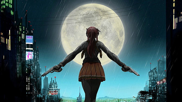 personagem feminina, segurando duas pistolas papel de parede digital, Lagoa Negra, Revy, anime, Lua, HD papel de parede