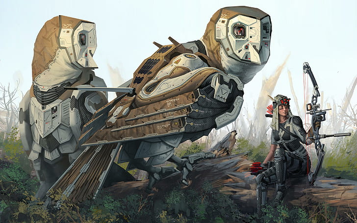 Robot owls next to woman archer, 2 brown and white owl robot with woman archer, fantasy, 2560x1600, robot, woman, archer, HD wallpaper