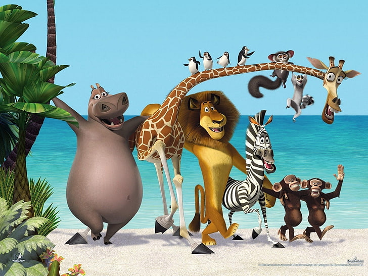 Кино, Мадагаскар 3: Самый разыскиваемый в Европе, Пляж, Жираф, Бегемот, Лев, Обезьяна, Пингвин, Море, Дерево, HD обои