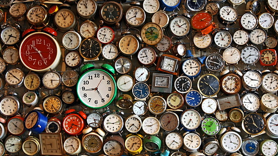 round assorted-color clocks, pattern, texture, time, clocks, alarm clock, circle, numbers, grid, HD wallpaper HD wallpaper