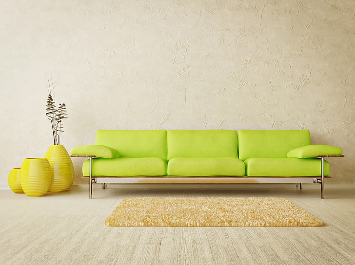 green leather 3-seat sofa, design, green, style, room, sofa, interior, minimalism, light, yellow, flooring, Mat, vases, HD wallpaper