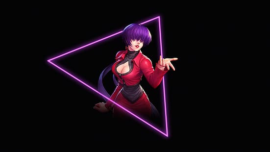  Shermie, King of Fighters, video games, video game characters, video game girls, purple hair, bangs, ponytail, dress, cleavage, neon, geometric figures, triangle, black, black background, simple background, video game art, artwork, drawing, 2D, digital art, anime, anime girls, HD wallpaper HD wallpaper