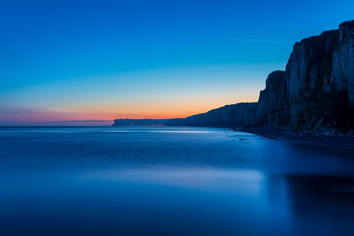 sunset, sea, blue, simple background, photography, peaceful, France, cliff, HD wallpaper