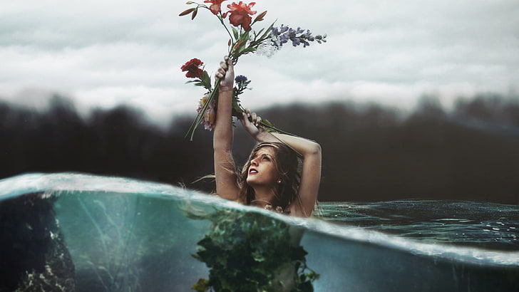 жени, цветя, море, раздвоена гледка, букети, HD тапет