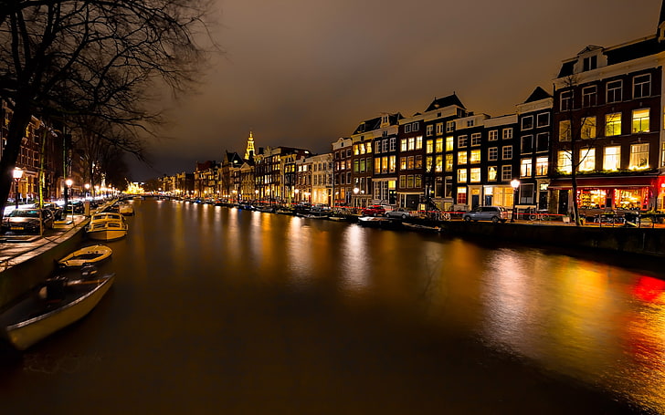 Amsterdam Night Time Netherlands River Amstel Street Lighting Reflection Of Lights From Buildings Boats Parked Cars Desktop Hd Wallpaper 3840×2400, HD wallpaper