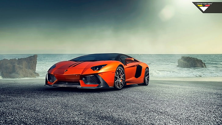 orange Lamborghini sports coupe, Lamborghini, Lamborghini Aventador, mobil, Mobil Super, kendaraan, Wallpaper HD