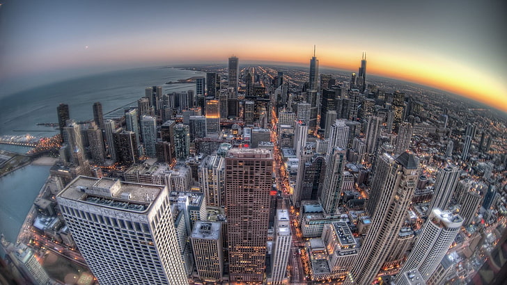 백색 고층 빌딩, 도시 풍경, 도시, 건물, HDR, 조명, 시카고, HD 배경 화면