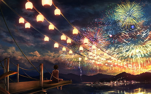 firework, girl, dark, night, anime, art, illust, HD wallpaper HD wallpaper