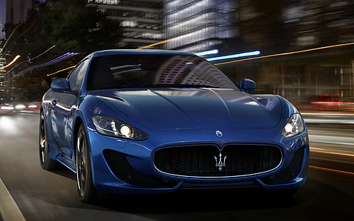 синий Maserati, спорт-купе, улица, суперкар, скорость, мазерати, HD обои HD wallpaper