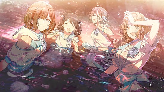  anime girls, higuchi madoka, Toru Asakura, Koito Fukumaru, Ichikawa Hinana, Tomari, wet, smiling, HD wallpaper HD wallpaper