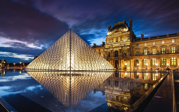 Francia, París, Museo del Louvre, arquitectura, pirámide, noche, agua, luces, Francia, París, Museo del Louvre, museo, arquitectura, pirámide, noche, agua, luces, Fondo de pantalla HD