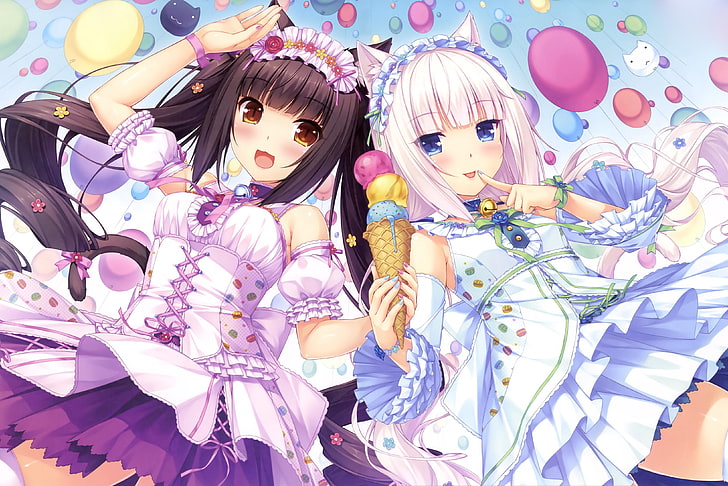 dua anime wanita di wallpaper gaun putih, gadis anime, anime, gadis kucing, es krim, Neko Para, Chocolat (Neko Para), Vanilla (Neko Para), novel visual, balon, Wallpaper HD