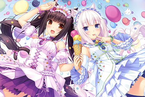 papel de parede de dois anime feminino em vestidos brancos, anime meninas, anime, garota gato, sorvete, Neko Para, Chocolat (Neko Para), Baunilha (Neko Para), romance visual, balão, HD papel de parede HD wallpaper
