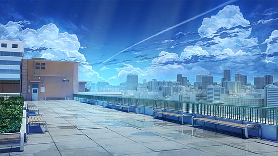 Arte de fundo, ArseniXC, anime, Amor, Dinheiro, Rock'n'Roll, arte digital, arte, romance visual, paisagem, escola, nuvens, céu, edifício, HD papel de parede HD wallpaper