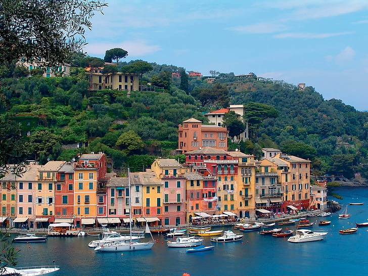 Portofino, Italia, vista, encantador, Portofino, hermoso, edificios, veleros, Italia, arquitectura, árboles, casa, peacefu, Fondo de pantalla HD