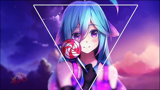 Anime, Anime Mädchen, Anime Mädchen essen, lila Hintergrund, blauer Hintergrund, Landschaft, HD-Hintergrundbild HD wallpaper