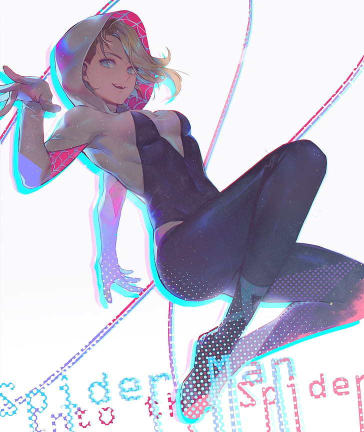 Gwen Stacy, Spider Gwen, Spider-Gwen, Spider-Man, Marvel-Comics, Blond, Digitalkunst, Grafik, Zeichnung, enge Kleidung, Illustration, Spider-Man: In den Spinnenvers, blaue Augen, HD-Hintergrundbild, Handy-Hintergrundbild